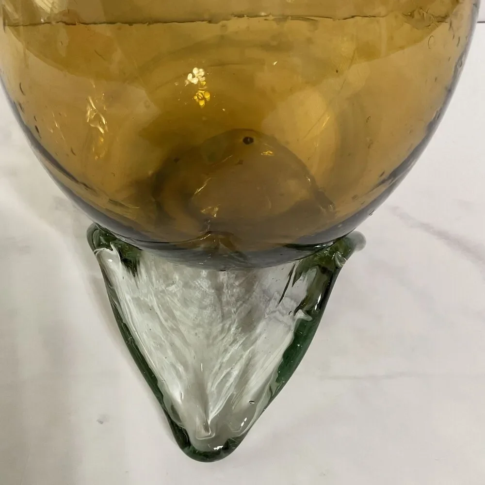 Hand Blown Glass Amber Pitcher with attached Clear Handle 10.5”Tall Clear Base